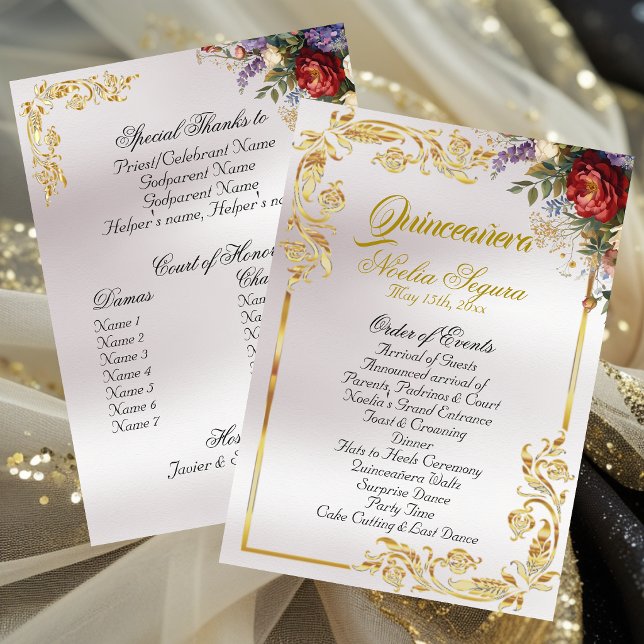 Floral & Gold Leaves - Pearl Quinceanera Program Programme (Creator Uploaded)