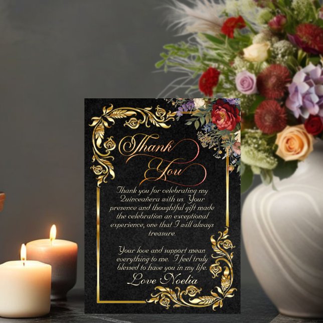 Floral, Gold Leaves & Tiara - Black Quinceanera Thank You Card (Creator Uploaded)
