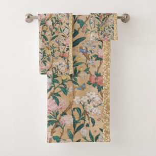 Floral Gold Leaves Vintage Botanical Bath Towel Set
