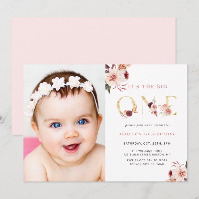 Floral Gold Letter Elegant First Birthday Photo  Invitation (Front/Back)