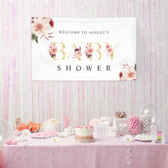 Floral Gold Letter Elegant Girl Baby Shower Banner (Party)