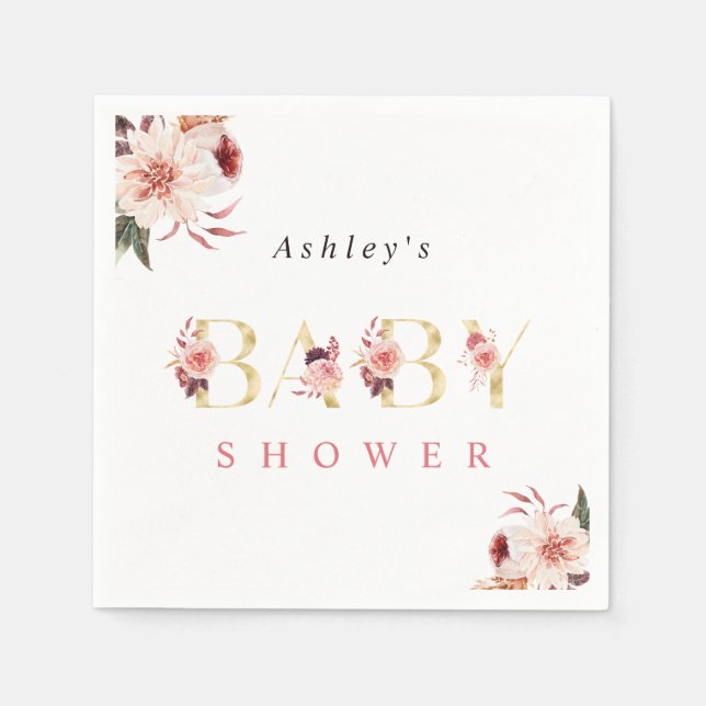 Floral Gold Letter Elegant Girl Baby Shower Napkin (Front)