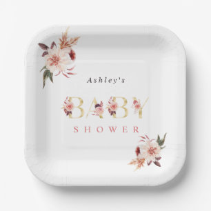 Floral Gold Letter Elegant Girl Baby Shower Paper Plate