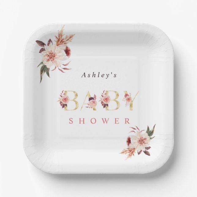Floral Gold Letter Elegant Girl Baby Shower Paper Plate (Front)