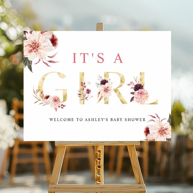 Floral Gold Letter Elegant Girl Baby Shower Sign (Creator Uploaded)