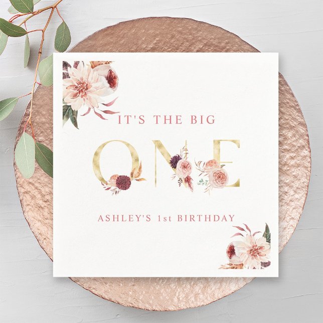 Floral Gold Letter Elegant Girl First Birthday  Napkin (Creator Uploaded)