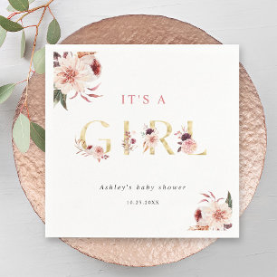 Floral Gold Letter Elegant It's a Girl Baby Shower Napkin