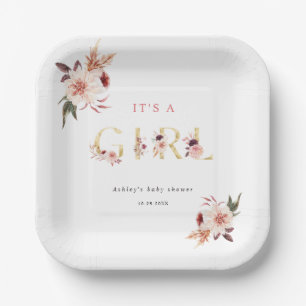 Floral Gold Letter Elegant It's a Girl Baby Shower Paper Plate