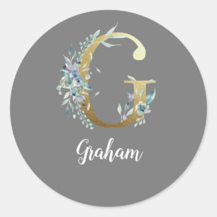 Floral Gold Letter G on Grey Classic Round Sticker