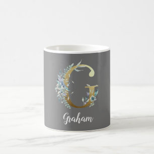 Floral Gold Letter G on Grey  Coffee Mug