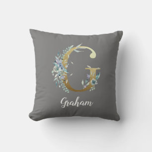 Floral Gold Letter G on Grey  Cushion