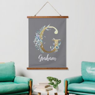 Floral Gold Letter G on Grey  Hanging Tapestry