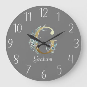 Floral Gold Letter G on Grey Large Clock