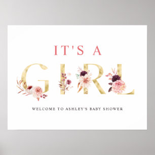 Floral Gold Letter It's a Girl Baby Shower Sign