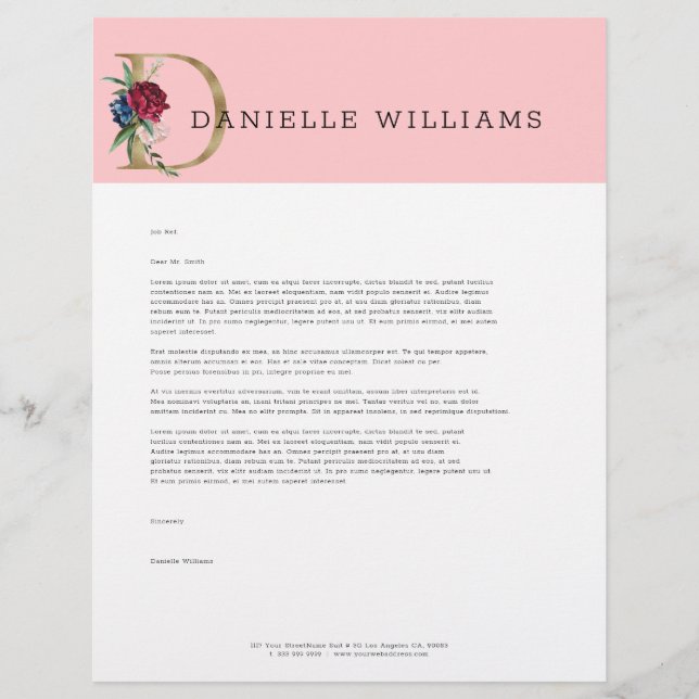 Floral gold lettering monogram custom letterhead (Front)