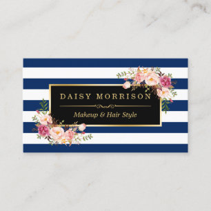 Floral Gold Makeup Salon Changeable Navy Stripes Business Card