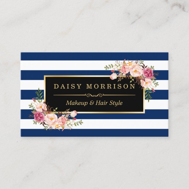 Floral Gold Makeup Salon Changeable Navy Stripes Business Card (Front)