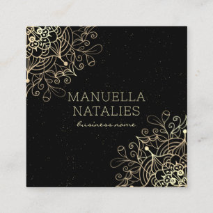 Floral Gold Mandala Black  Square Business Card