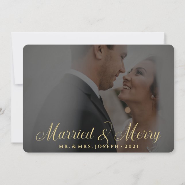 Floral Gold Married And Merry Christmas Photo Holiday Card (Front)