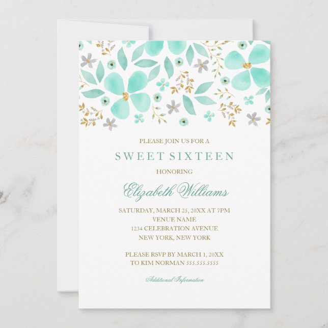Floral Gold Mint Leaf Sweet 16 Invitation (Front)