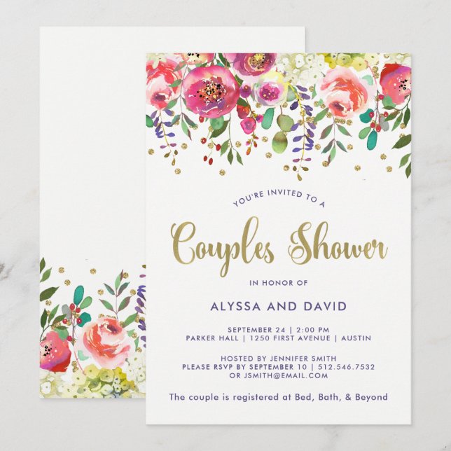 Floral Gold | Modern Watercolor Couples Shower Invitation (Front/Back)