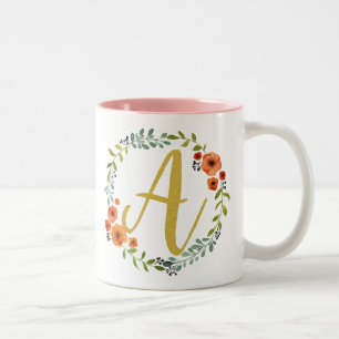 Floral Gold Monogram Initial A Two-Tone Coffee Mug