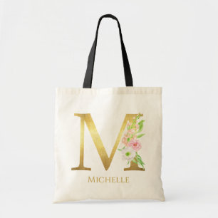 Floral Gold Monogram Letter M Custom Name Tote Bag