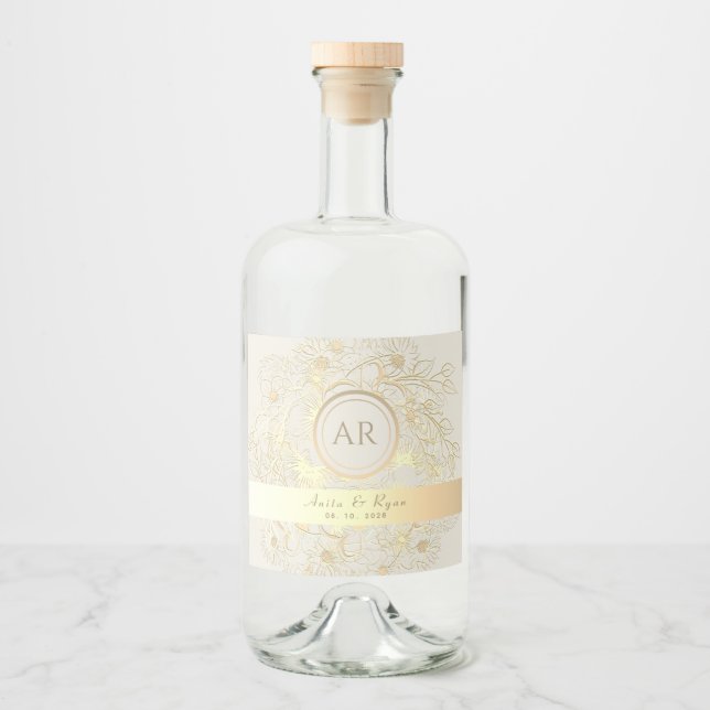 Floral Gold Monogram Wedding Liquor Bottle Label (Front)