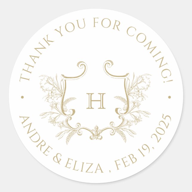 Floral Gold Monogram Wedding Thank You Sticker (Front)