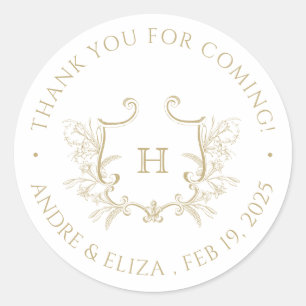 Floral Gold Monogram Wedding Thank You Sticker