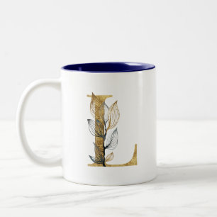 Floral Gold Navy Blue Leaves Monogram Personalised Two-Tone Coffee Mug