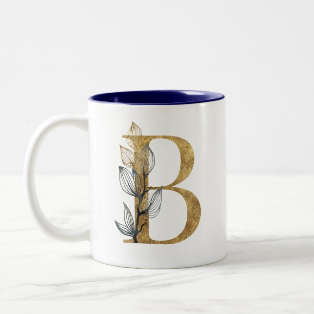 Floral Gold Navy Blue Leaves Monogram Personalised Two-Tone Coffee Mug (Left)