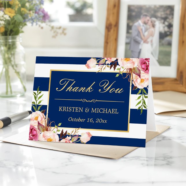 Floral Gold Navy Blue Stripes Wedding Thank You Card (Creator Uploaded)