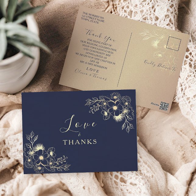 Floral Gold Navy Blue Wedding Thank You  Postcard (Creator Uploaded)