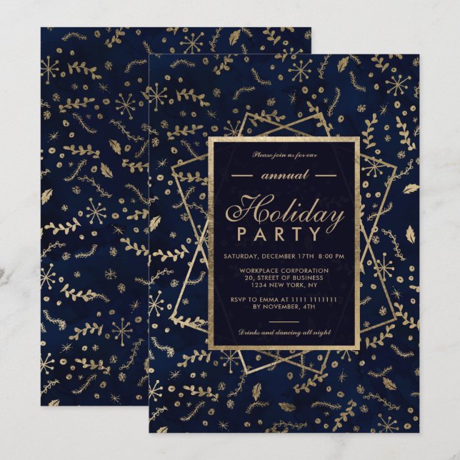 Floral Gold navy blue winter corporate holiday Invitation (Front/Back)