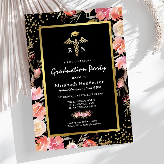 Floral Gold Nursing School Graduation Invitation (Creator Uploaded)