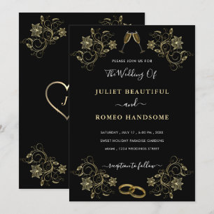 Floral Gold on Black Wedding Invitations Example
