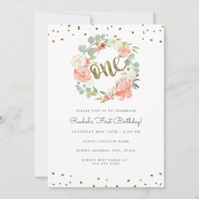 Floral Gold One Wreath First Birthday Invitation (Front)