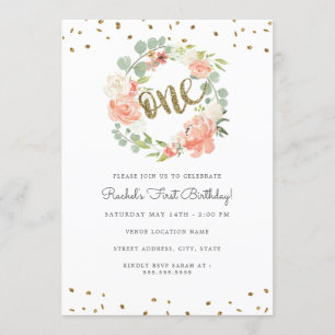 Floral Gold One Wreath First Birthday Invitation