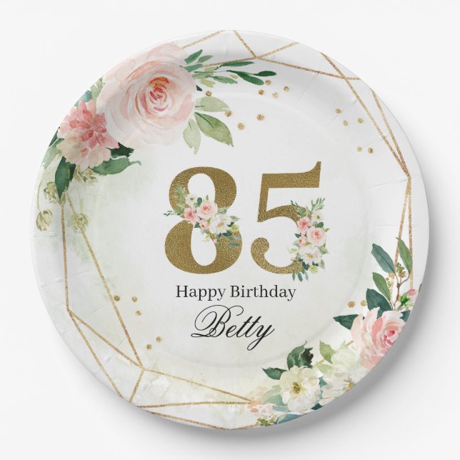Floral & Gold Personalized 85th Custom Paper Plate (Front)