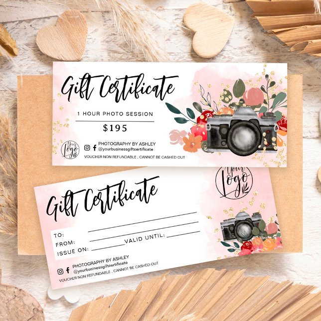 Floral gold photographer gift certificate logo (Creator Uploaded)