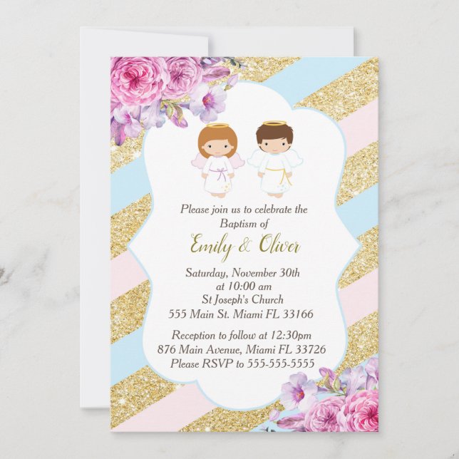 Floral Gold Pink Blue Twins Baptism Invitation (Front)