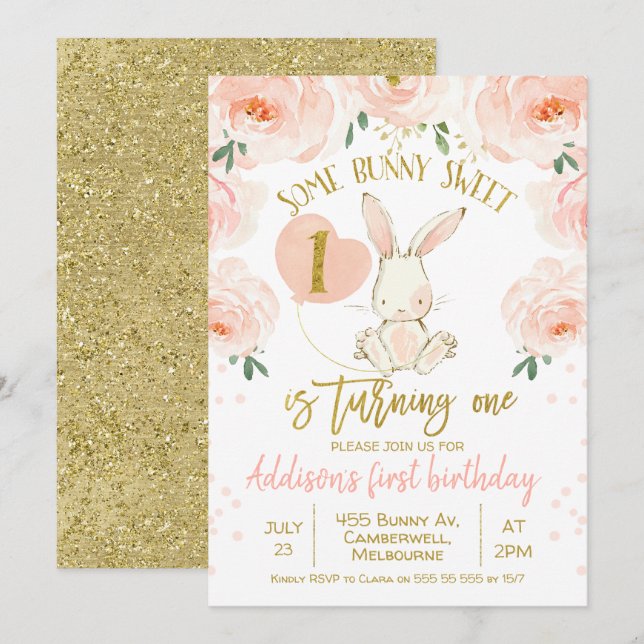 Floral gold pink bunny 1st Birthday Invitation (Front/Back)