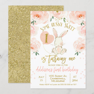Floral gold pink bunny 1st Birthday Invitation