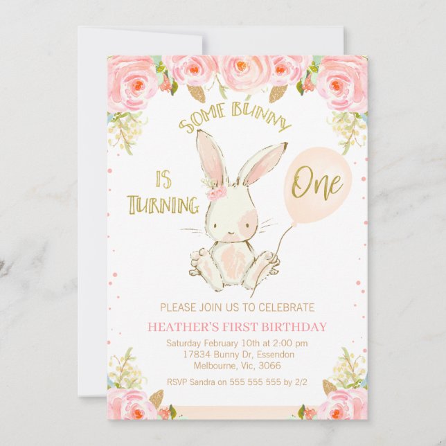 Floral Gold Pink Bunny 1st Birthday Invitation (Front)