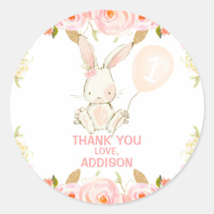 Floral Gold Pink Bunny Pink Balloon 1st Birthday Classic Round Sticker