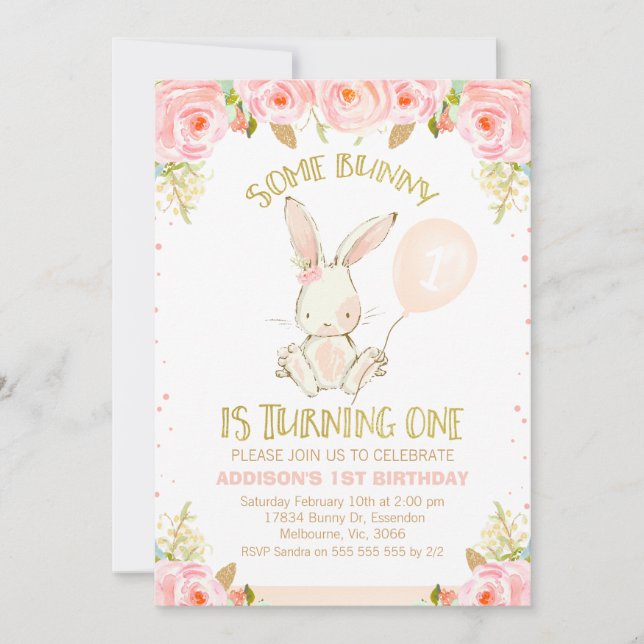 Floral Gold Pink Bunny Pink Balloon 1st Birthday Invitation (Front)