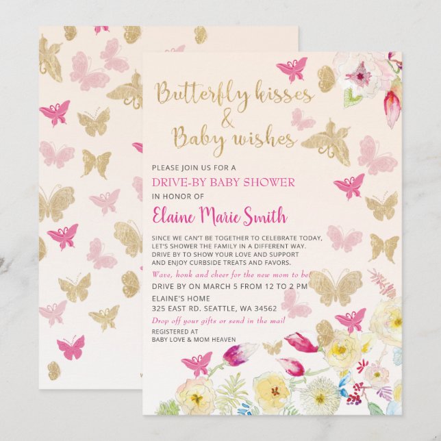 Floral Gold Pink Butterflies Drive By Baby Shower  Invitation (Front/Back)