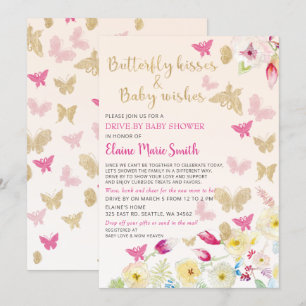 Floral Gold Pink Butterflies Drive By Baby Shower Invitation