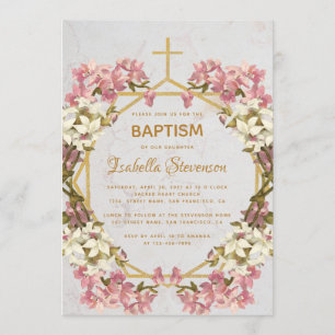 Floral Gold Pink Orchids Marble Geometric Baptism Invitation